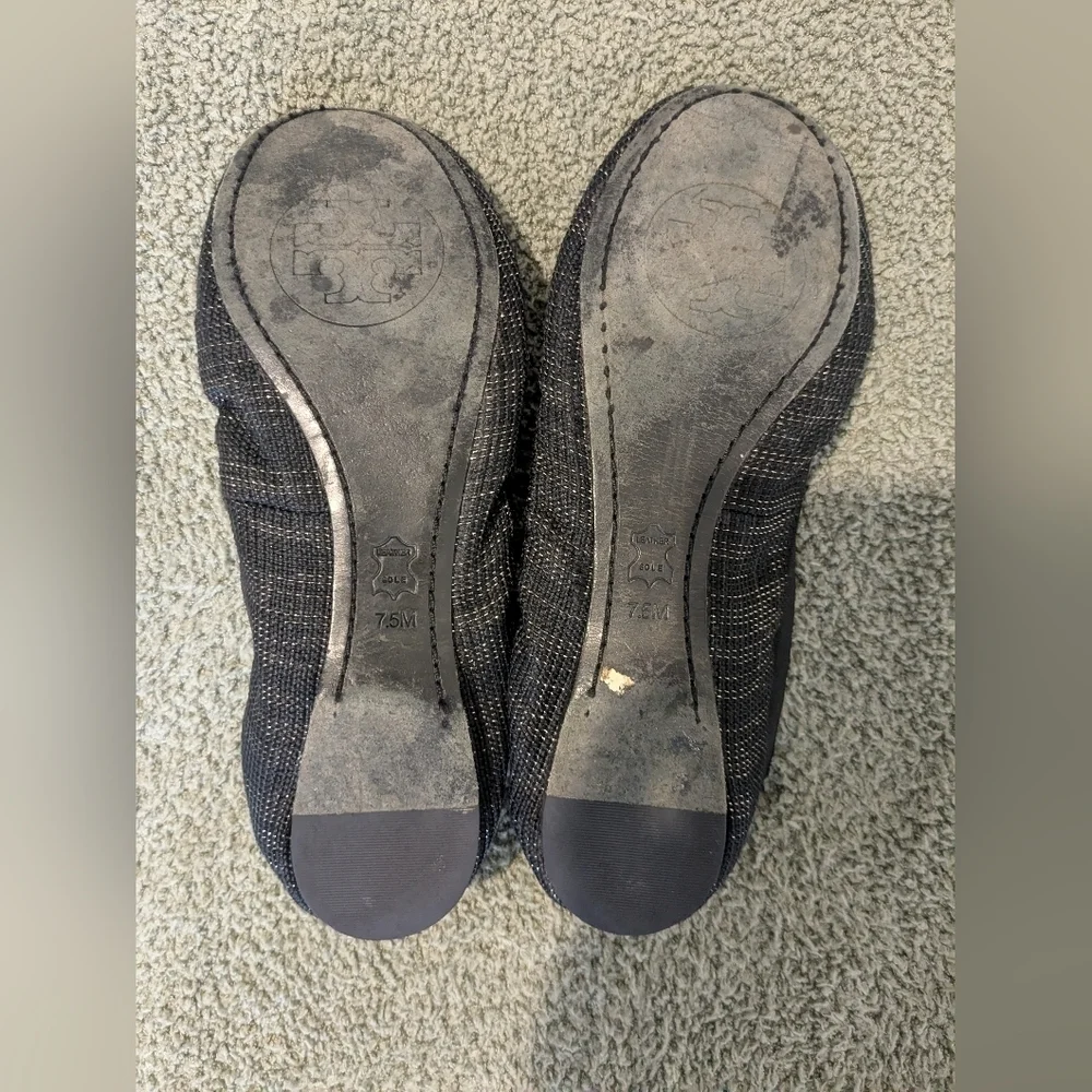 Tory Burch Black Gold Tweed Leather Emblem Slip-On Caroline Ballet Flats 7.5 M